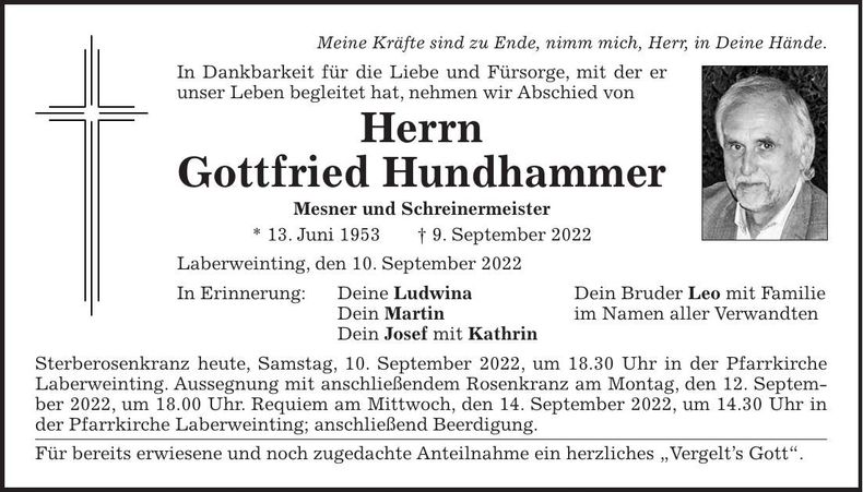 Traueranzeige Gottfried Hundhammer