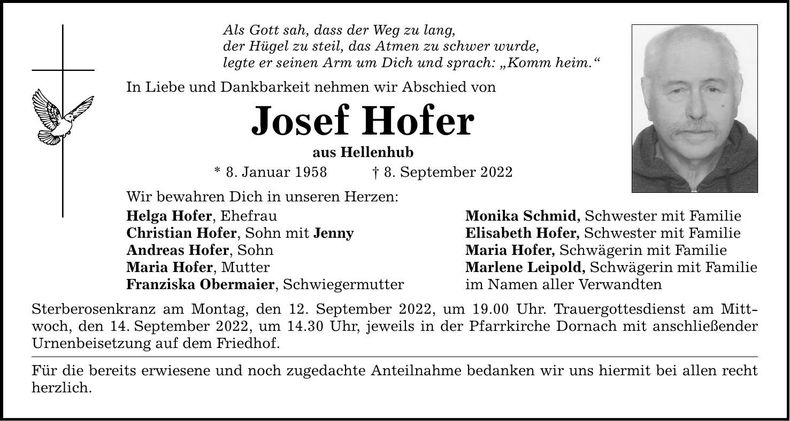 Traueranzeige Josef Hofer