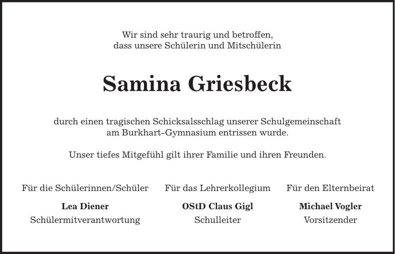 Traueranzeige Samina Griesbeck