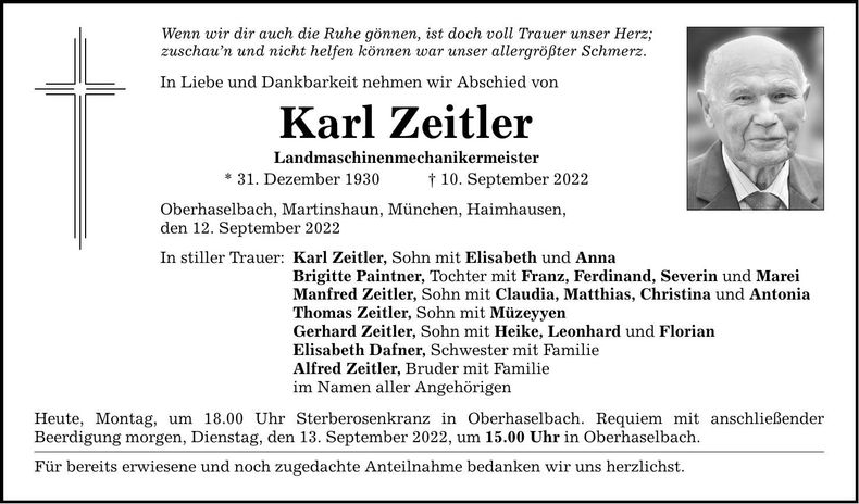 Traueranzeige Karl Zeitler