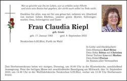 Traueranzeige Claudia Riepl