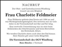 Traueranzeige Charlotte Feldmeier