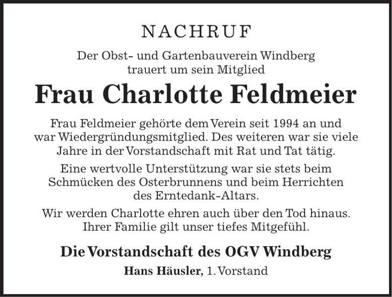 Traueranzeige Charlotte Feldmeier