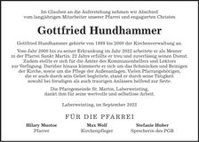 Traueranzeige Gottfried Hundhammer