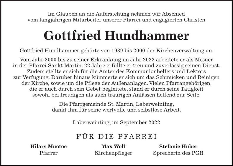 Traueranzeige Gottfried Hundhammer