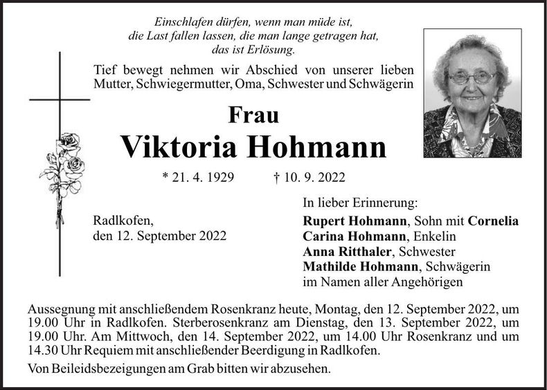 Traueranzeige Viktoria Hohmann