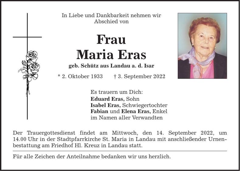 Traueranzeige Maria Eras