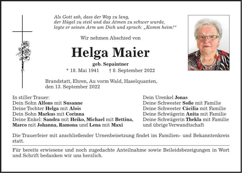 Traueranzeige Helga Maier