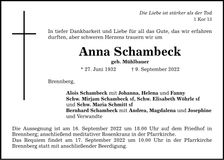 Traueranzeige Anna Schambeck