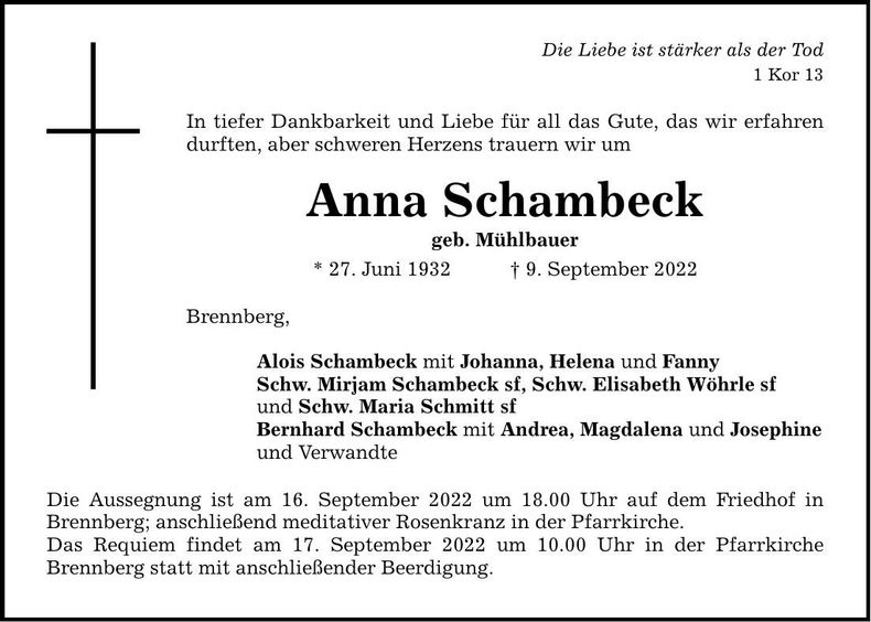 Traueranzeige Anna Schambeck