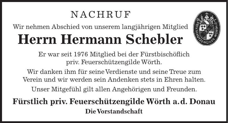 Traueranzeige Hermann Schebler