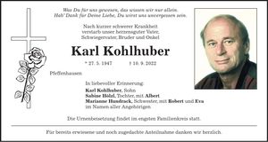 Traueranzeige Karl Kohlhuber