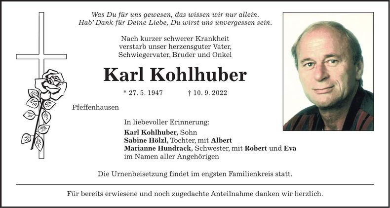 Traueranzeige Karl Kohlhuber