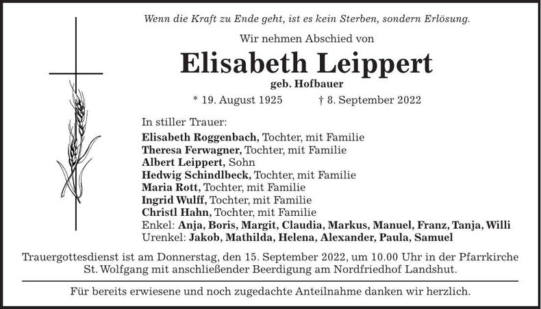 Traueranzeige Elisabeth Leippert
