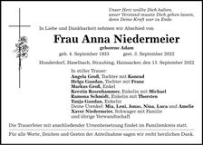 Traueranzeige Anna Niedermeier