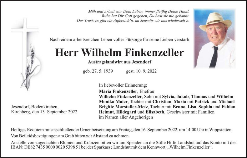 Traueranzeige Wilhelm Finkenzeller
