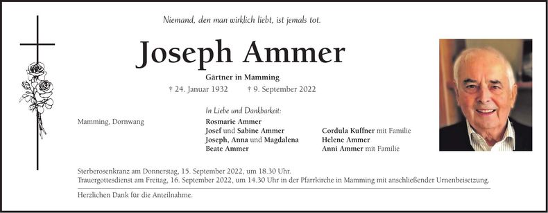 Traueranzeige Joseph Ammer