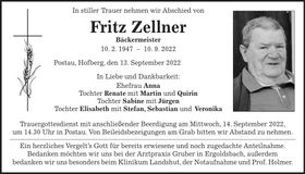 Traueranzeige Fritz Zellner