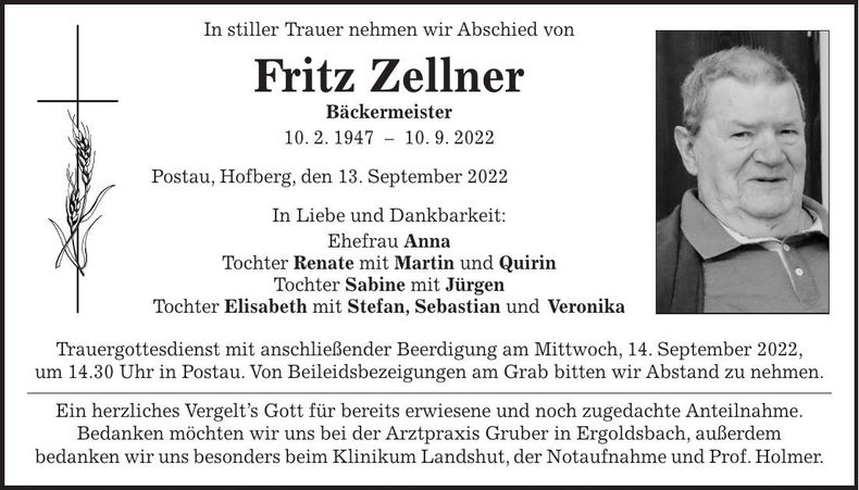 Traueranzeige Fritz Zellner