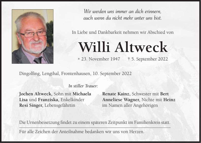 Traueranzeige Willi Altweck