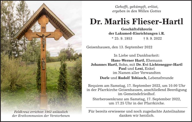 Traueranzeige Marlis Dr. Flieser-Hartl