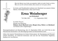 Traueranzeige Erna Weinberger