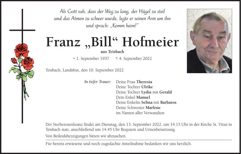 Traueranzeige Franz Hofmeier
