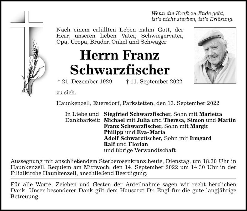 Traueranzeige Franz Schwarzfischer