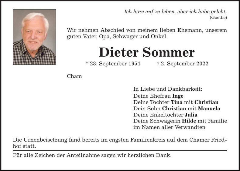 Traueranzeige Dieter Sommer