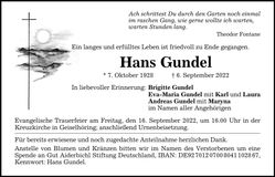 Traueranzeige Hans Gundel