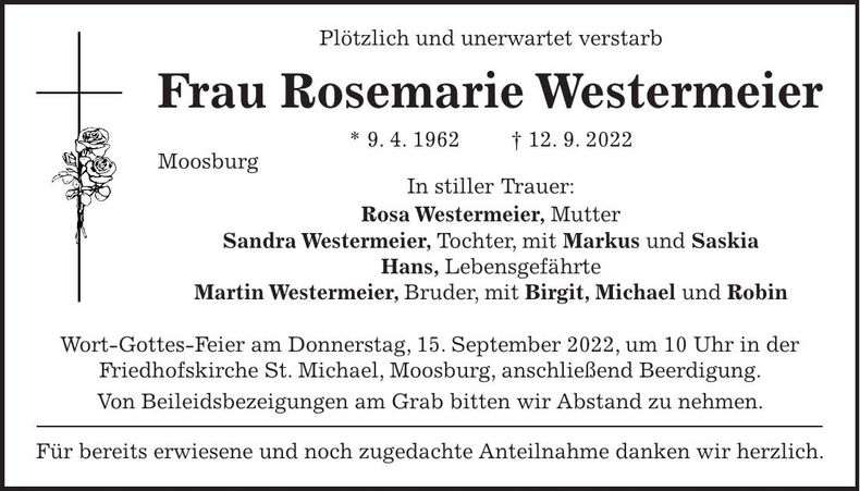 Traueranzeige Rosemarie Westermeier