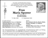 Traueranzeige Maria Sporrer