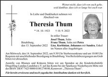 Traueranzeige Theresia Thum