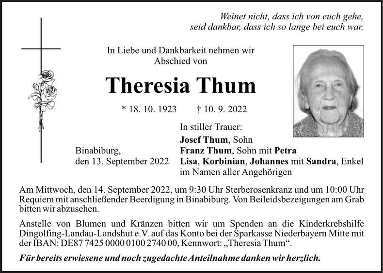 Traueranzeige Theresia Thum