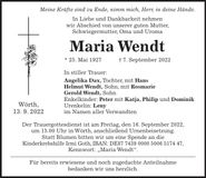 Traueranzeige Maria Wendt