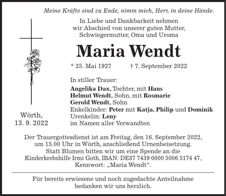 Traueranzeige Maria Wendt