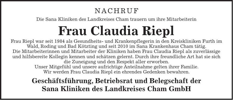 Traueranzeige Claudia Riepl
