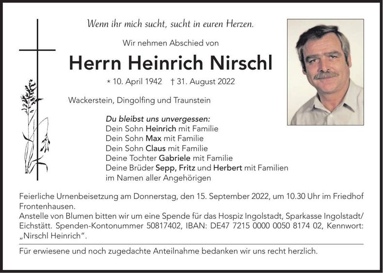 Traueranzeige Heinrich Nirschl