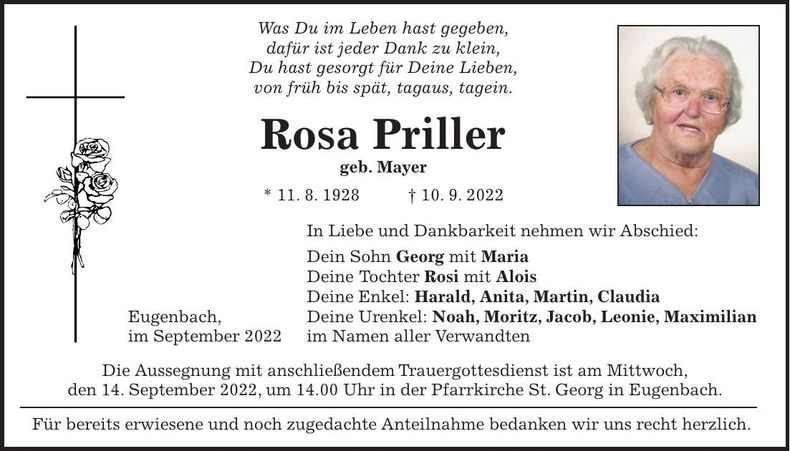 Traueranzeige Rosa Priller