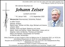Traueranzeige Johann Zeiser