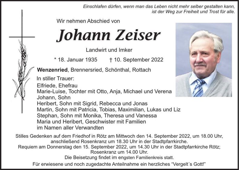 Traueranzeige Johann Zeiser