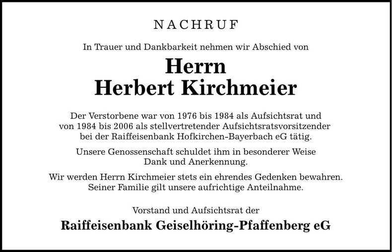 Traueranzeige Herbert Kirchmeier