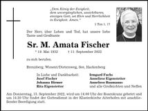 Traueranzeige Sr. M. Amata Fischer