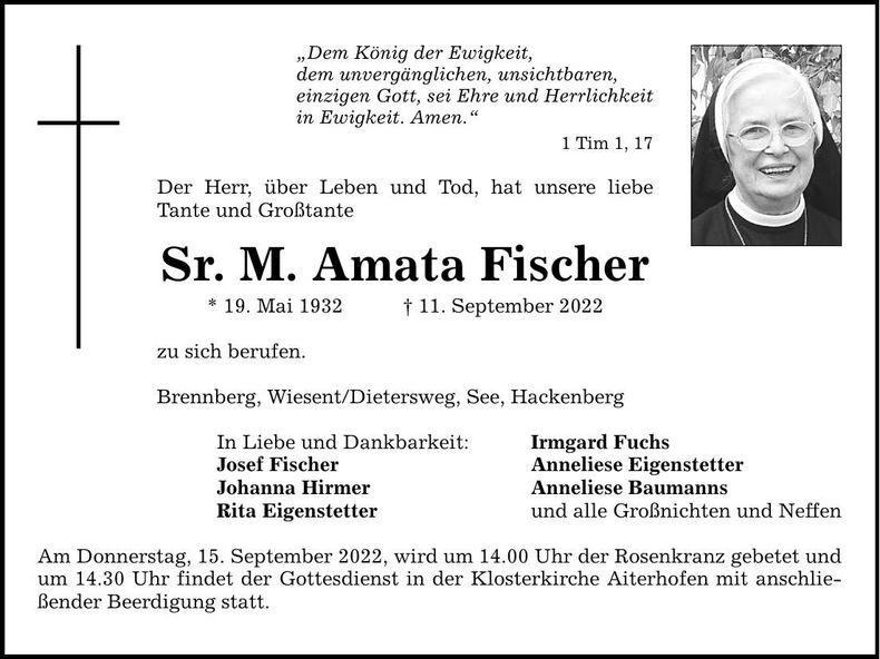Traueranzeige Sr. M. Amata Fischer
