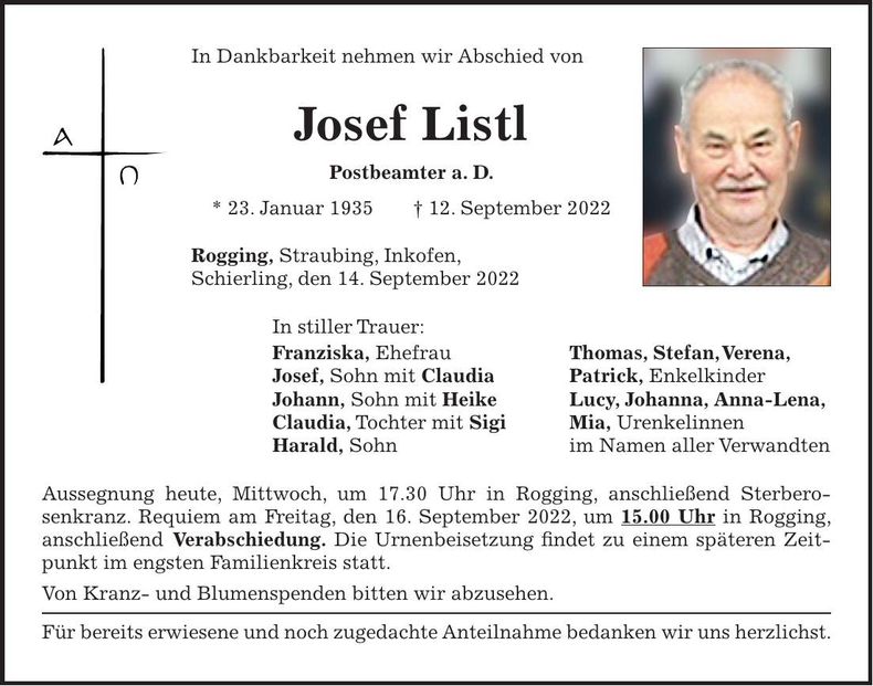 Traueranzeige Josef Listl