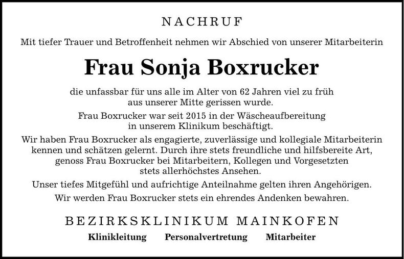 Traueranzeige Sonja Boxrucker