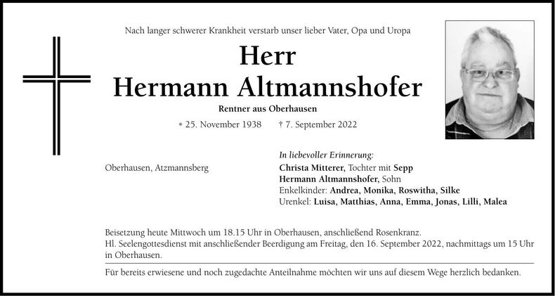 Traueranzeige Hermann Altmannshofer