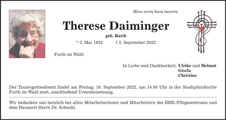 Traueranzeige Therese Daiminger