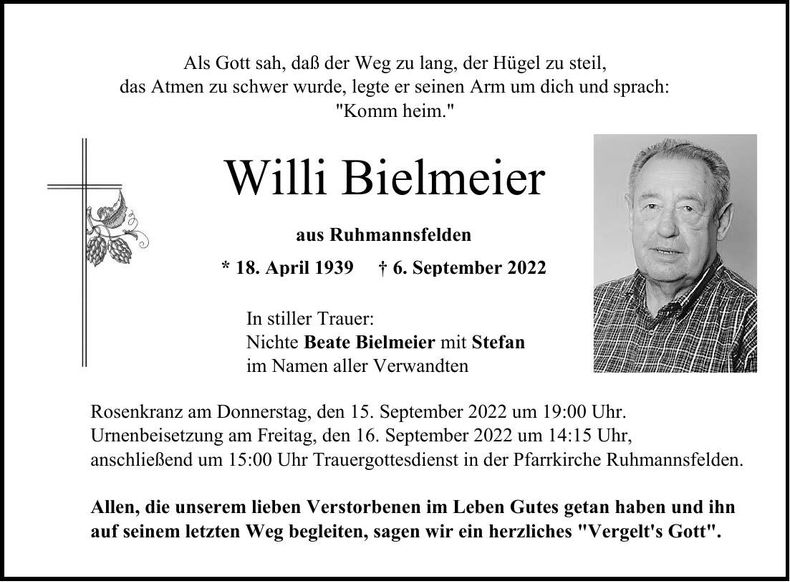 Traueranzeige Bielmeier Willi