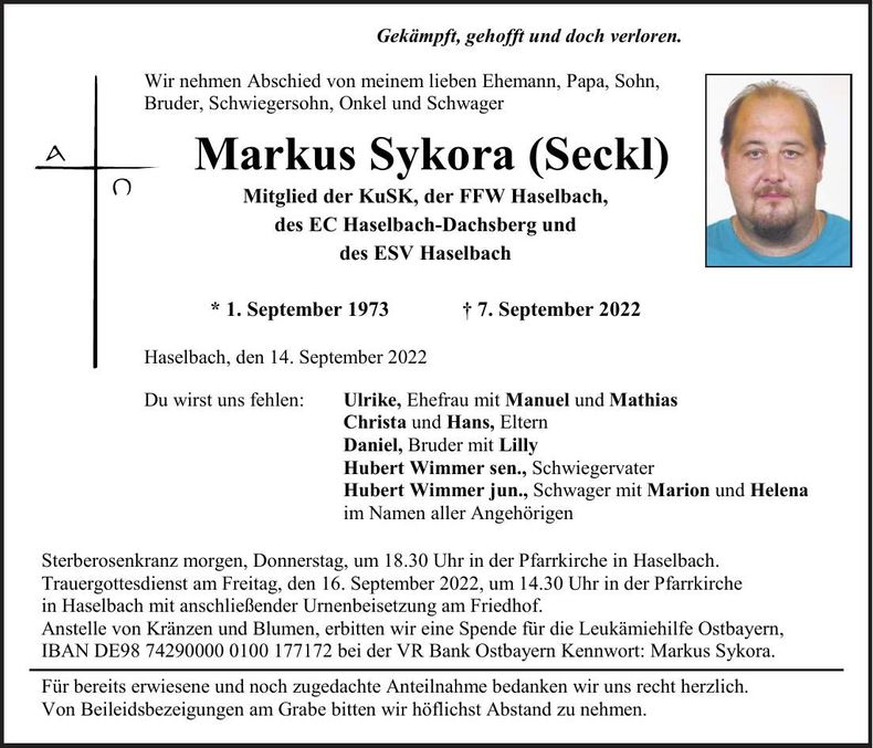 Traueranzeige Markus Sykora